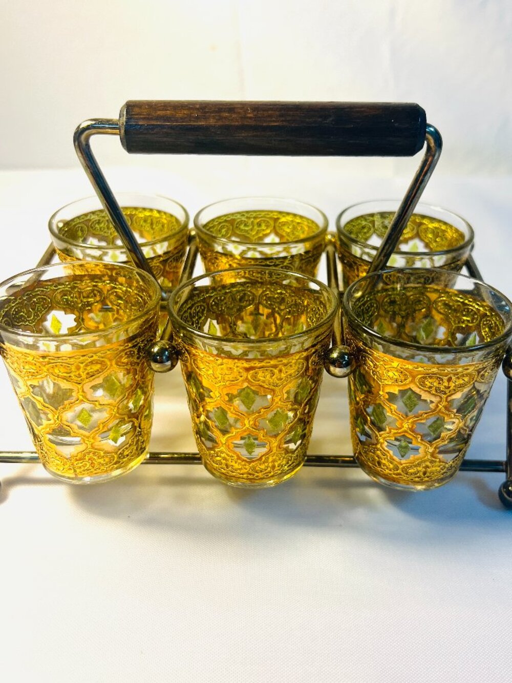 Vintage Culver-Style Gold & Green Moorish Shot Glasses Set with Caddy (6) - B4
